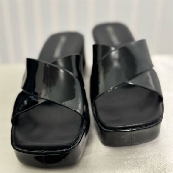 Jeffrey Campbell Black Patent Platform Mule Sandals Block Heel Size 7 US Y2K - Picture 3 of 9